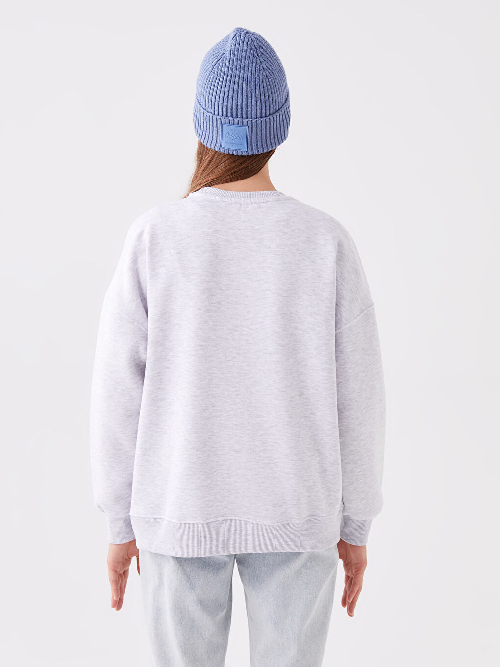 Gri Bisiklet Yaka Baskılı Oversize Kadın Kalın Sweatshirt-4