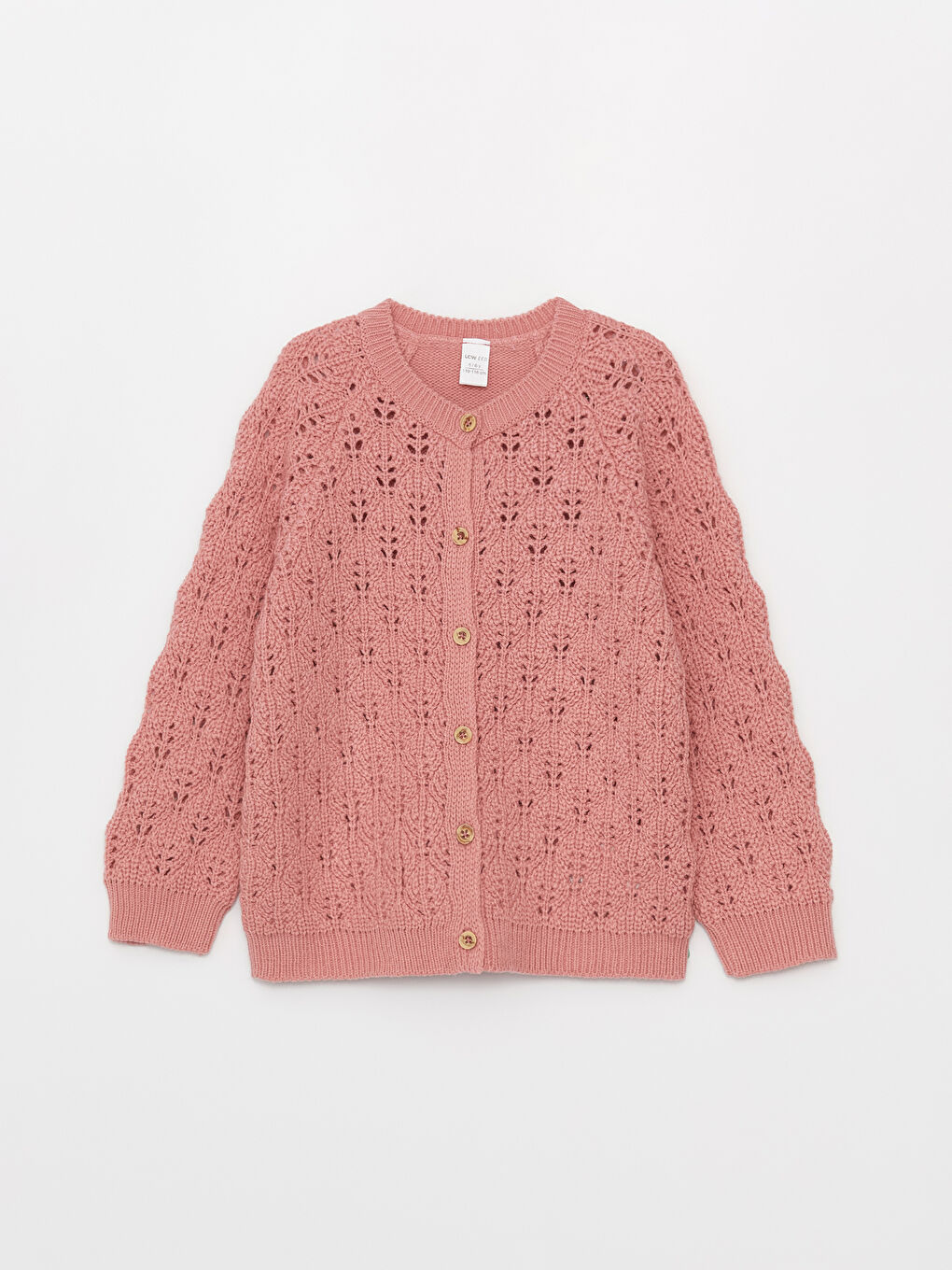 Pembe Bisiklet Yaka Kendinden Desenli Uzun Kollu Kız Çocuk Triko Hırka