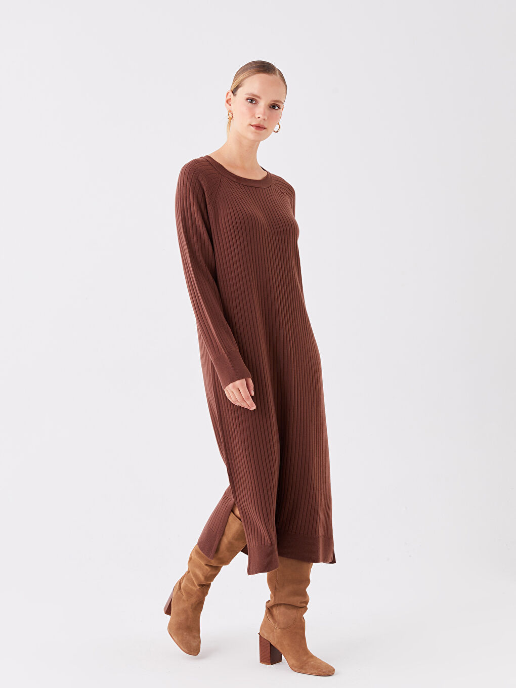 Kahverengi Bisiklet Yaka Düz Uzun Kollu Kadın Triko Elbise-1