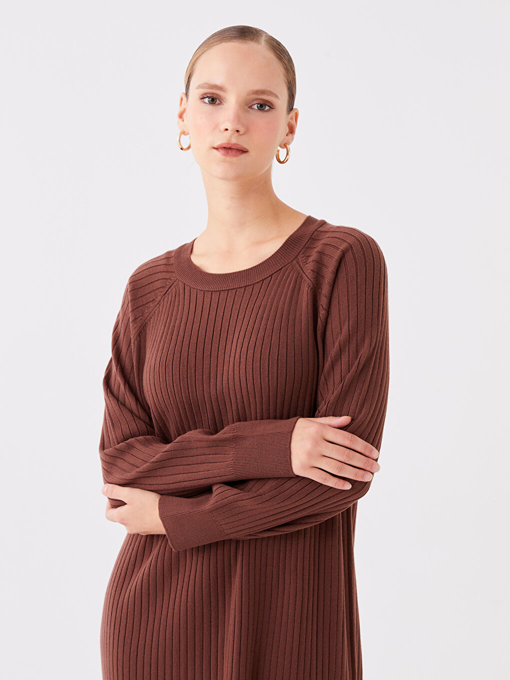 Kahverengi Bisiklet Yaka Düz Uzun Kollu Kadın Triko Elbise-2