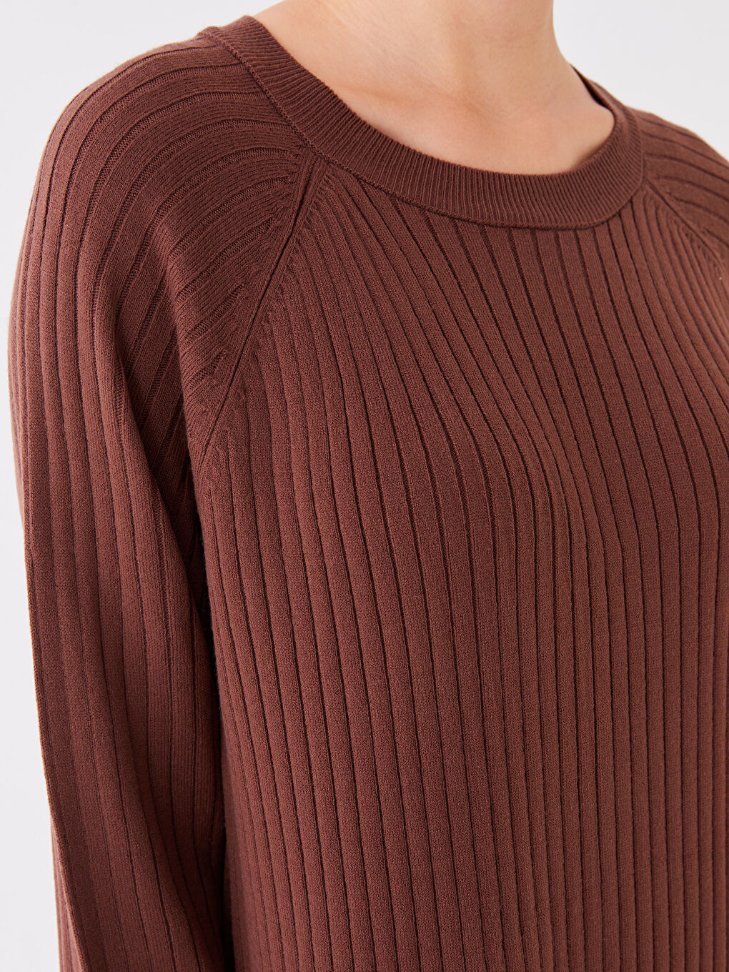 Kahverengi Bisiklet Yaka Düz Uzun Kollu Kadın Triko Elbise-3