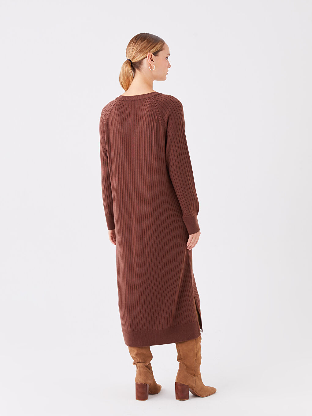 Kahverengi Bisiklet Yaka Düz Uzun Kollu Kadın Triko Elbise-4
