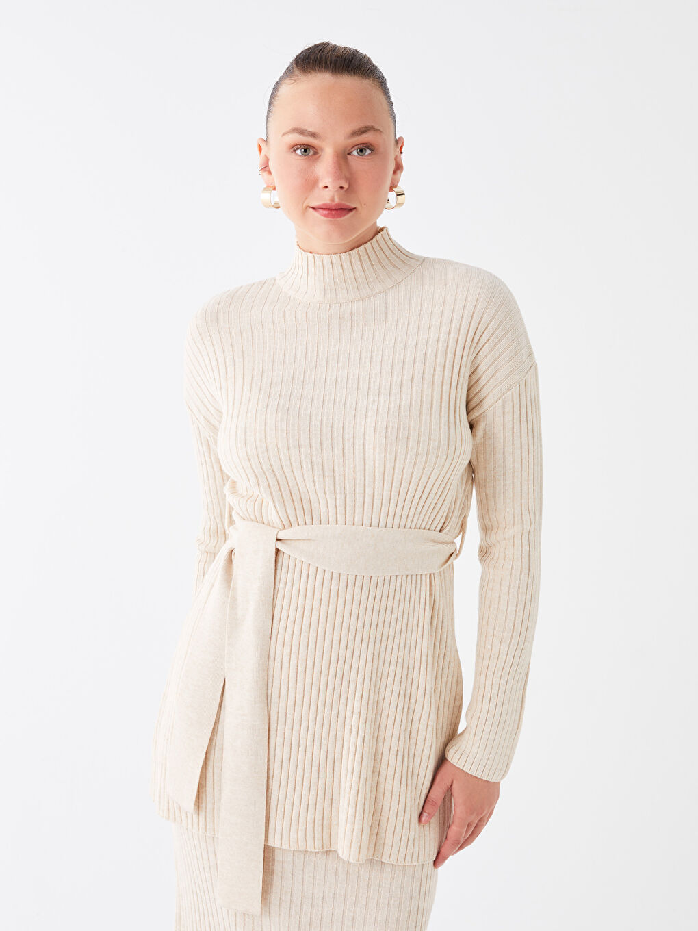 Kahverengi Yarım Balıkçı Yaka Düz Uzun Kollu Kadın Tunik-1