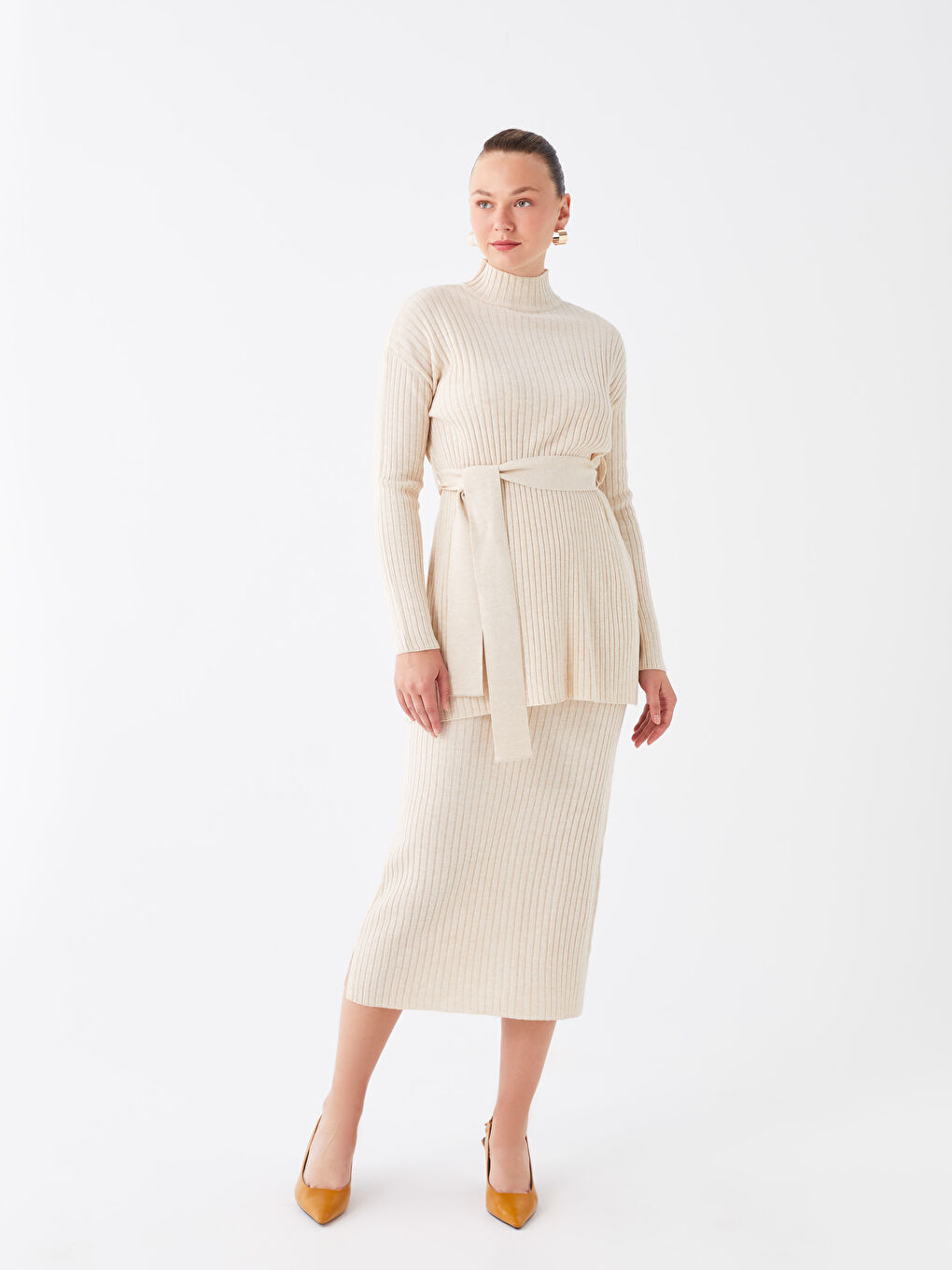 Kahverengi Yarım Balıkçı Yaka Düz Uzun Kollu Kadın Tunik-3