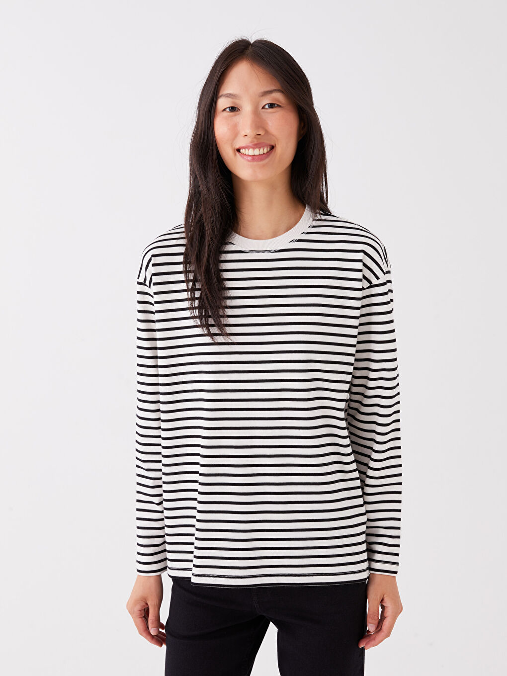 Siyah Bisiklet Yaka Çizgili Uzun Kollu Kadın Sweatshirt