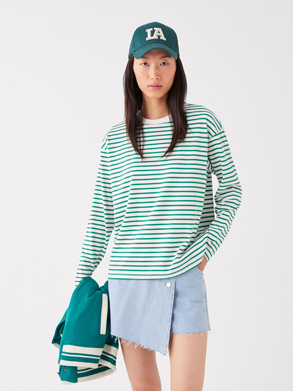 Yeşil Bisiklet Yaka Çizgili Uzun Kollu Kadın Sweatshirt