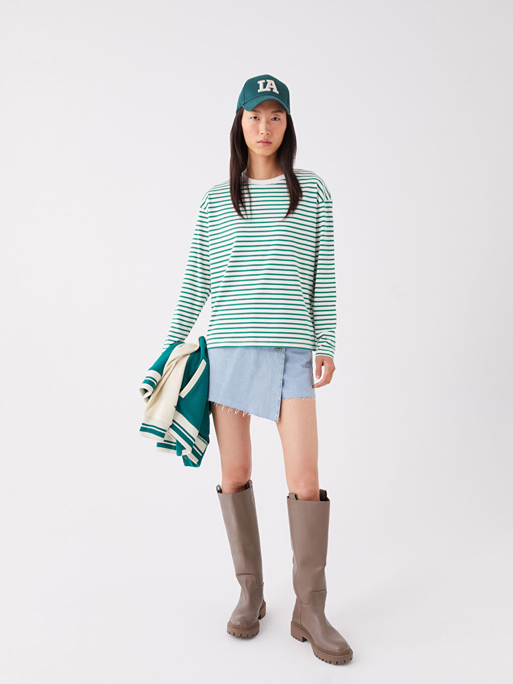 Yeşil Bisiklet Yaka Çizgili Uzun Kollu Kadın Sweatshirt-2