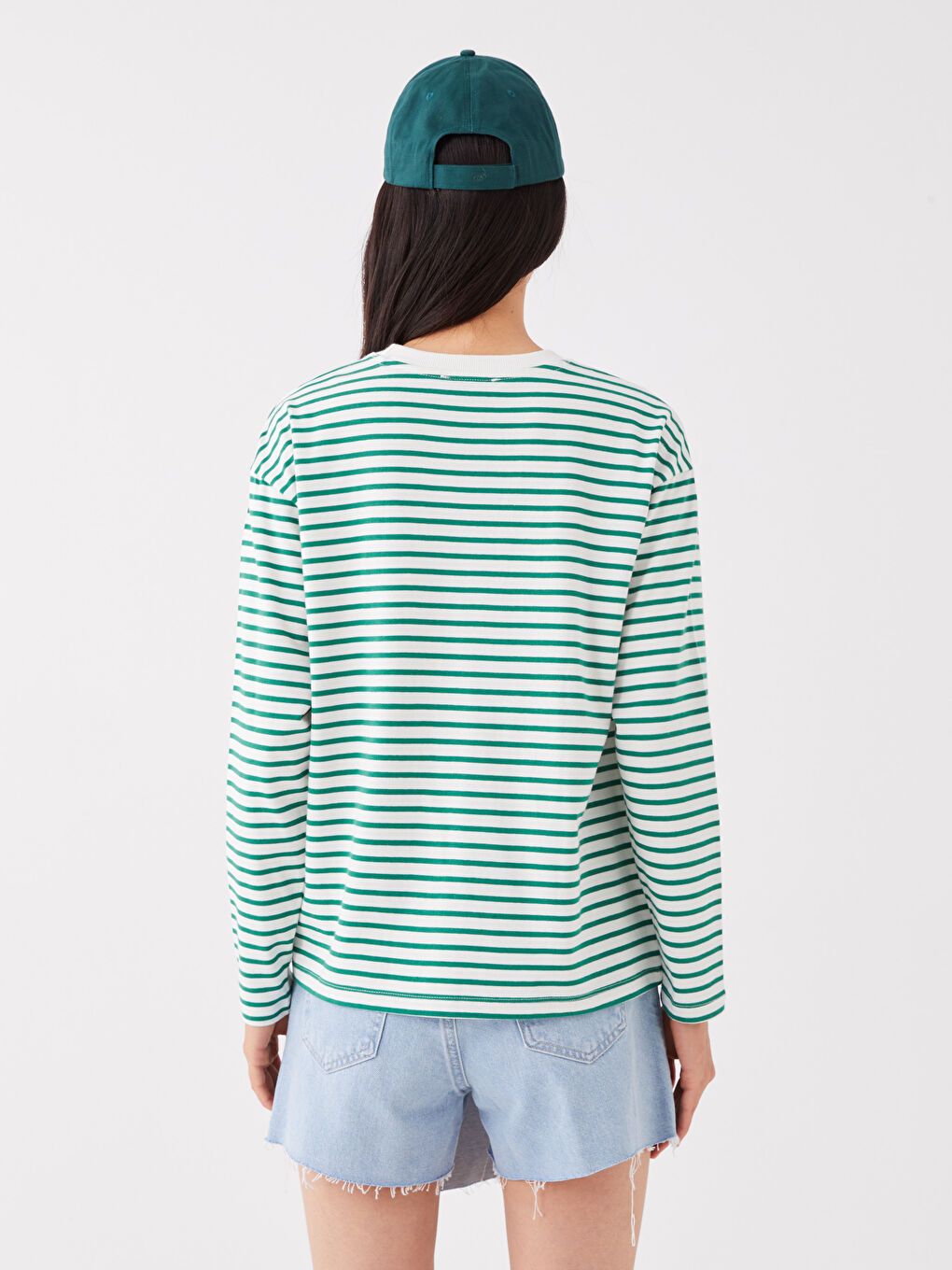 Yeşil Bisiklet Yaka Çizgili Uzun Kollu Kadın Sweatshirt-4