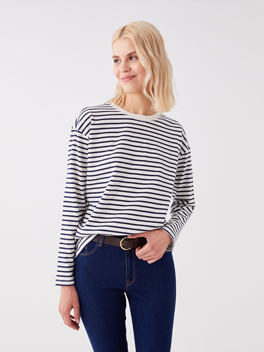Lacivert Bisiklet Yaka Çizgili Uzun Kollu Kadın Sweatshirt-1