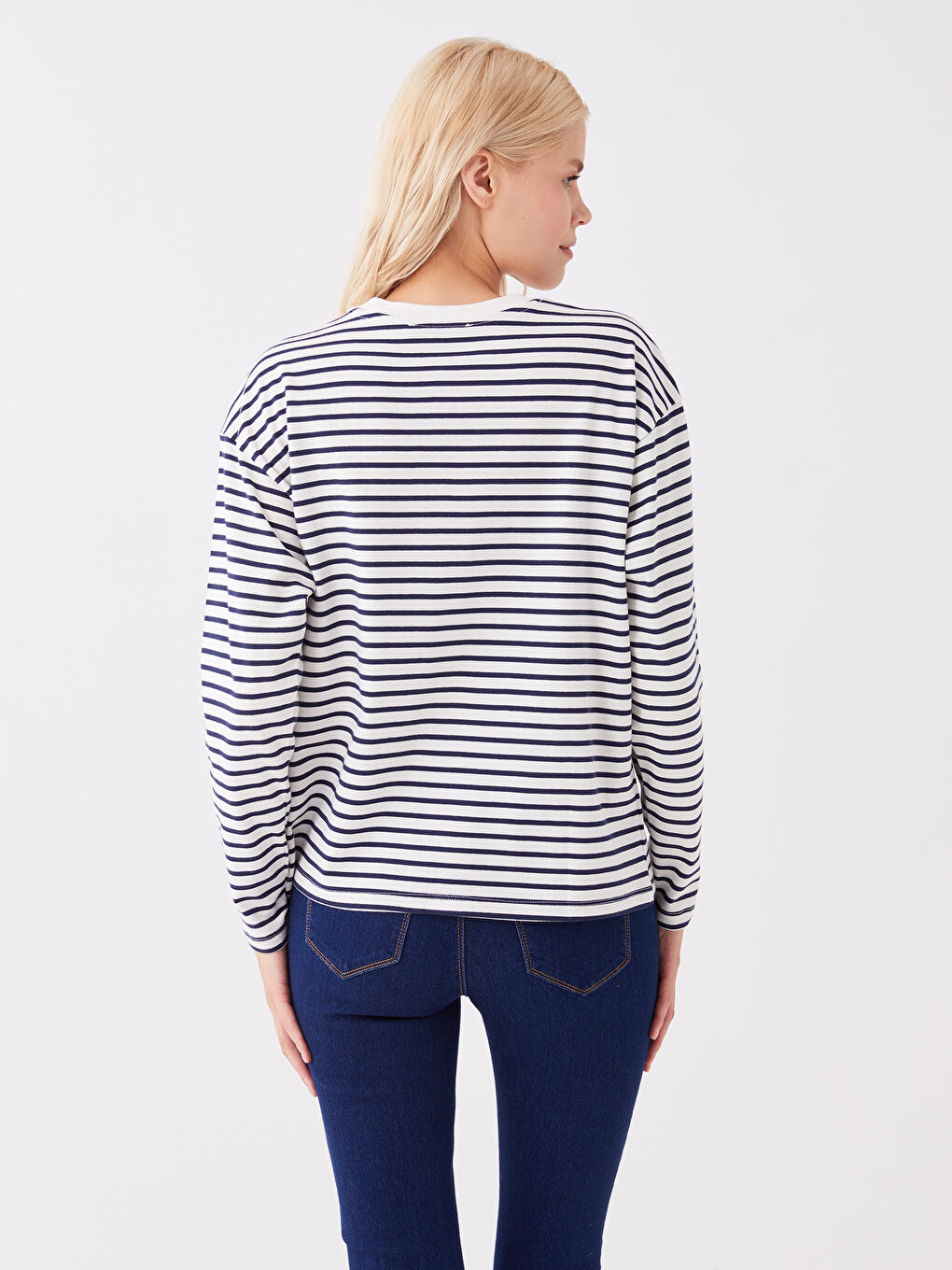 Lacivert Bisiklet Yaka Çizgili Uzun Kollu Kadın Sweatshirt-4