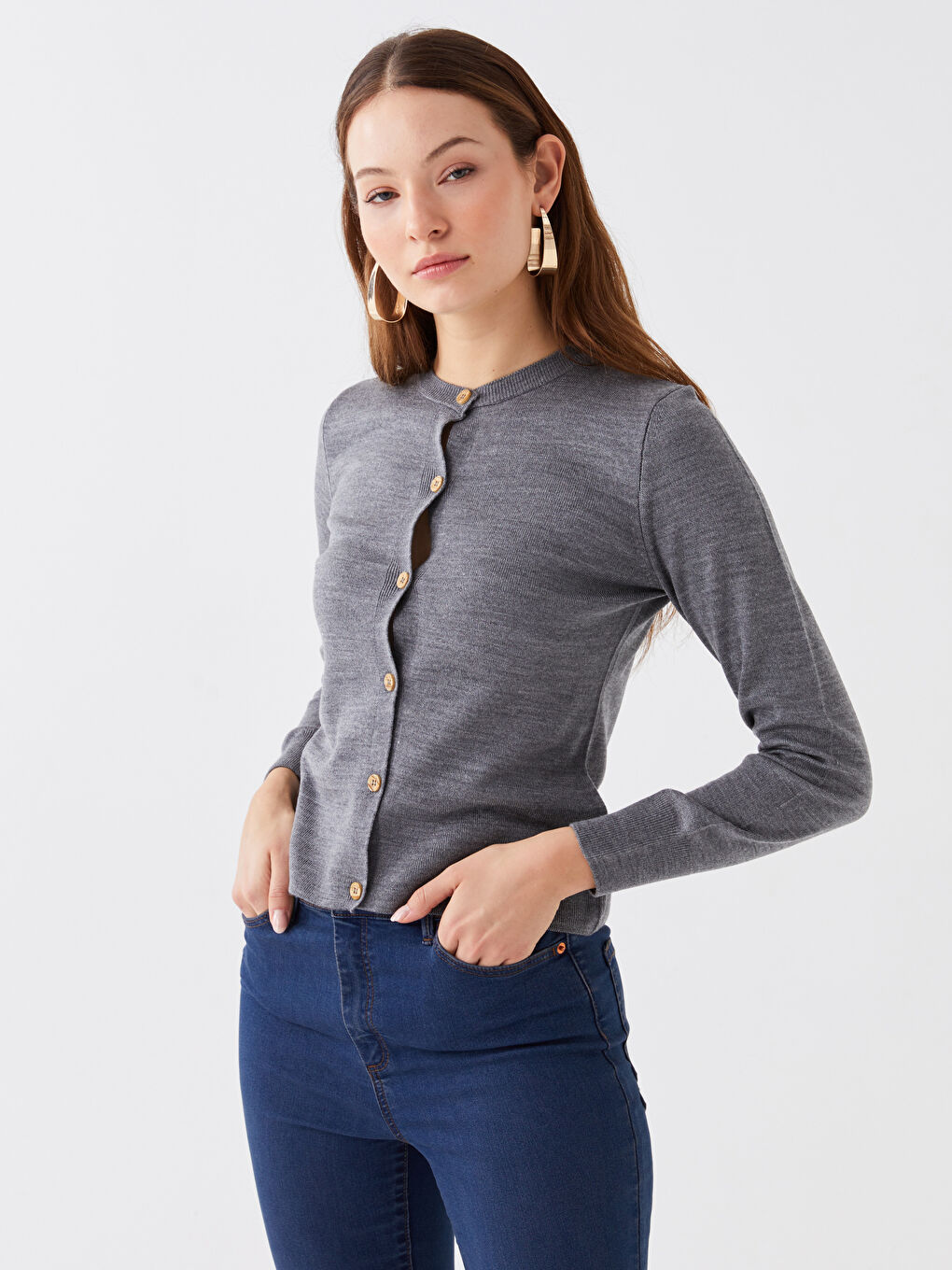 Gri Bisiklet Yaka Düz Uzun Kollu Kadın Triko Hırka