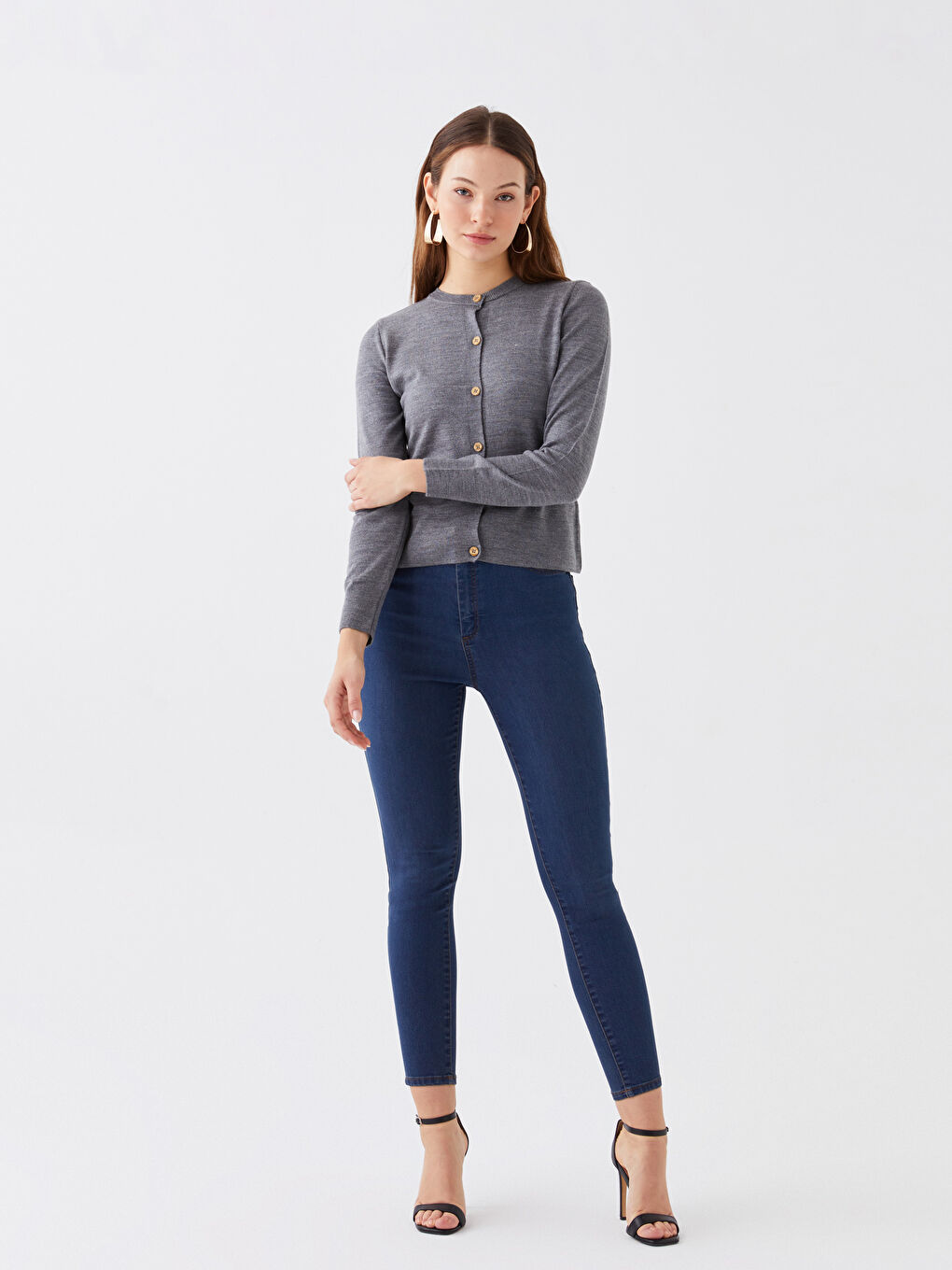 Gri Bisiklet Yaka Düz Uzun Kollu Kadın Triko Hırka-1