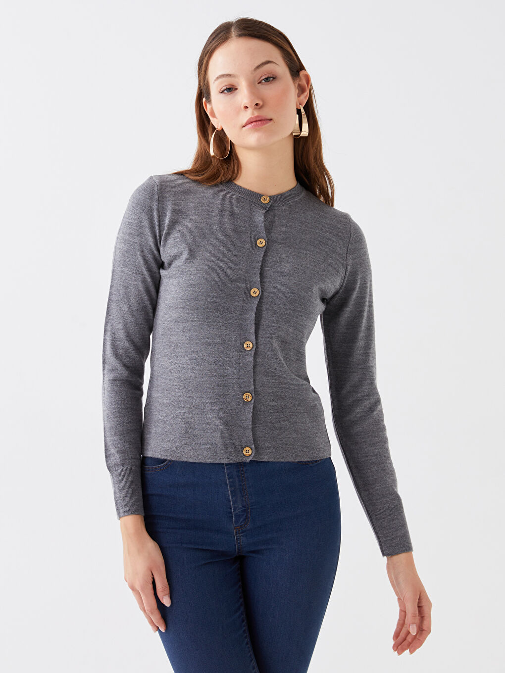 Gri Bisiklet Yaka Düz Uzun Kollu Kadın Triko Hırka-2