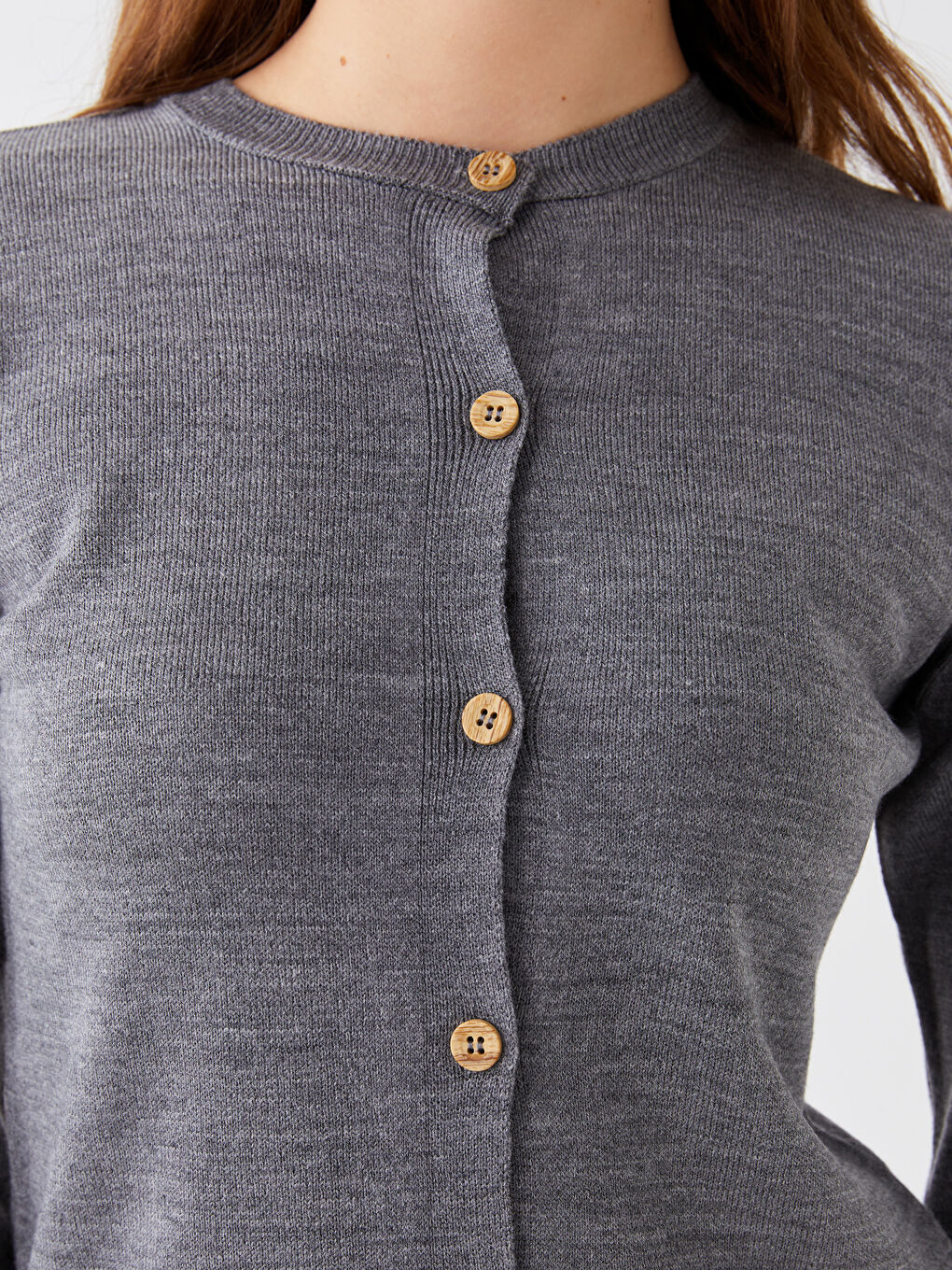 Gri Bisiklet Yaka Düz Uzun Kollu Kadın Triko Hırka-3