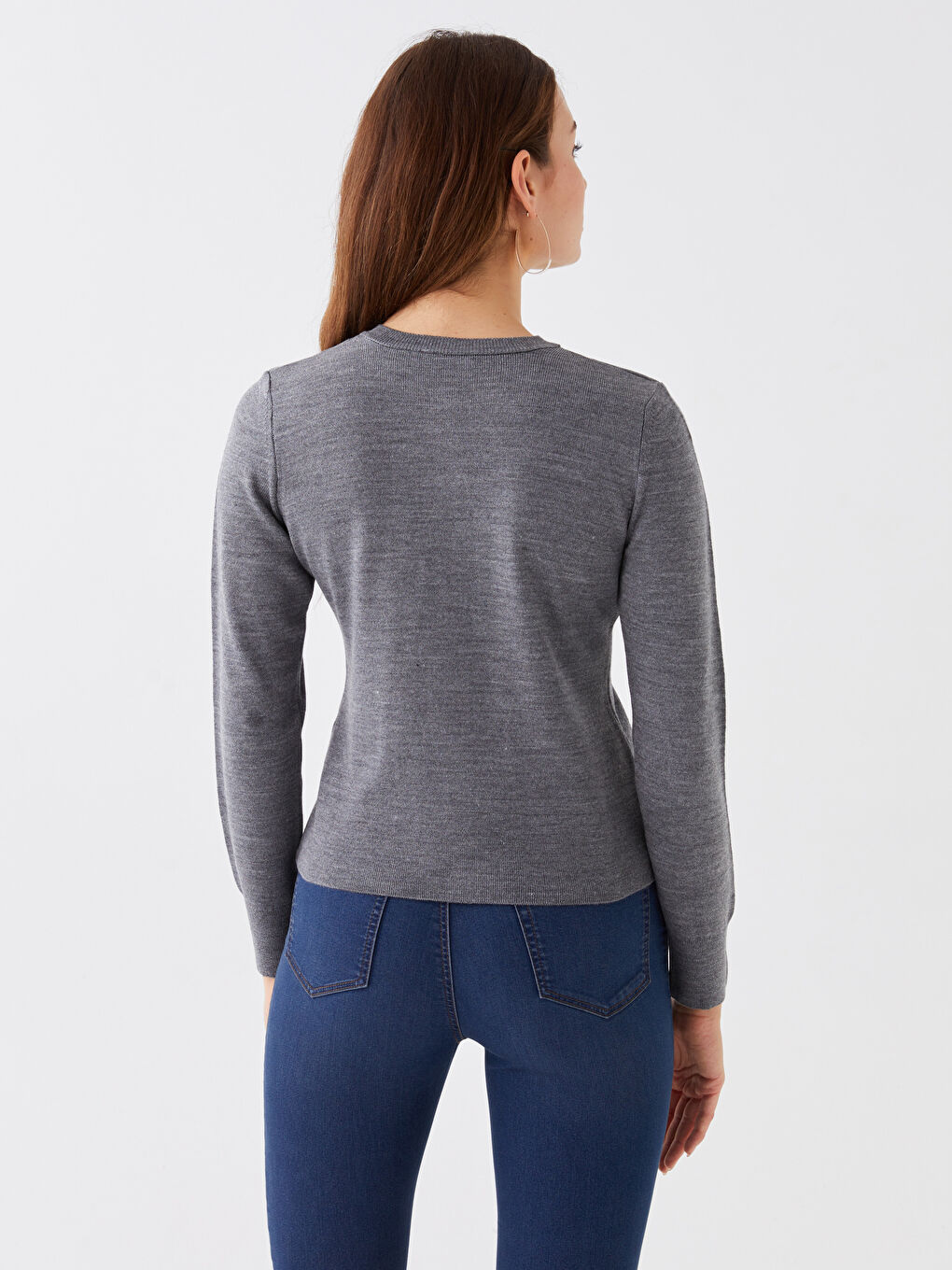 Gri Bisiklet Yaka Düz Uzun Kollu Kadın Triko Hırka-4