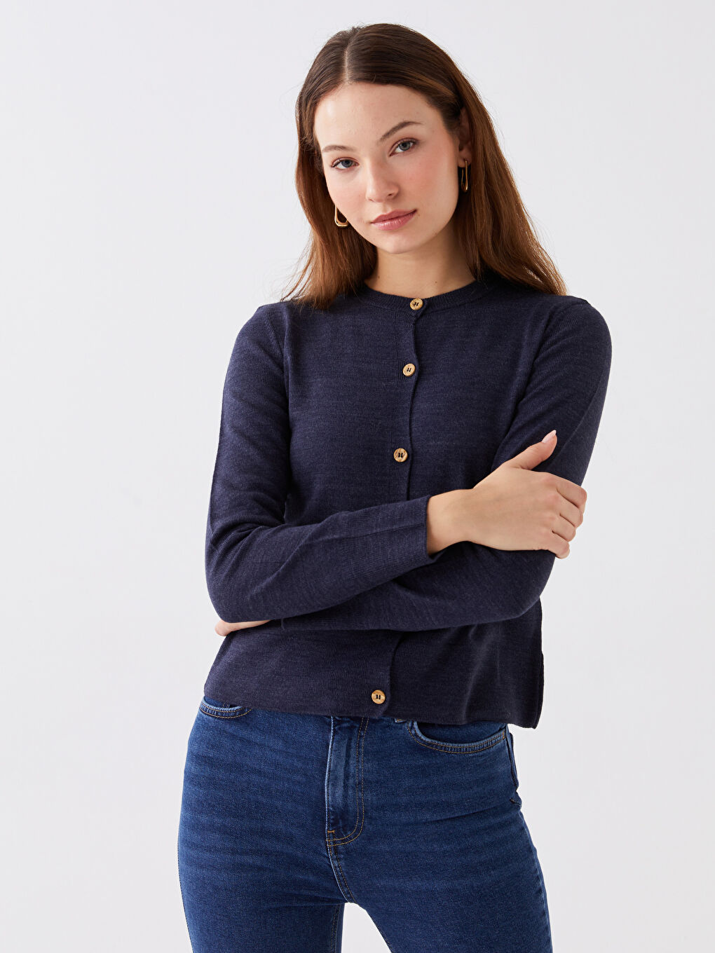 Lacivert Bisiklet Yaka Düz Uzun Kollu Kadın Triko Hırka