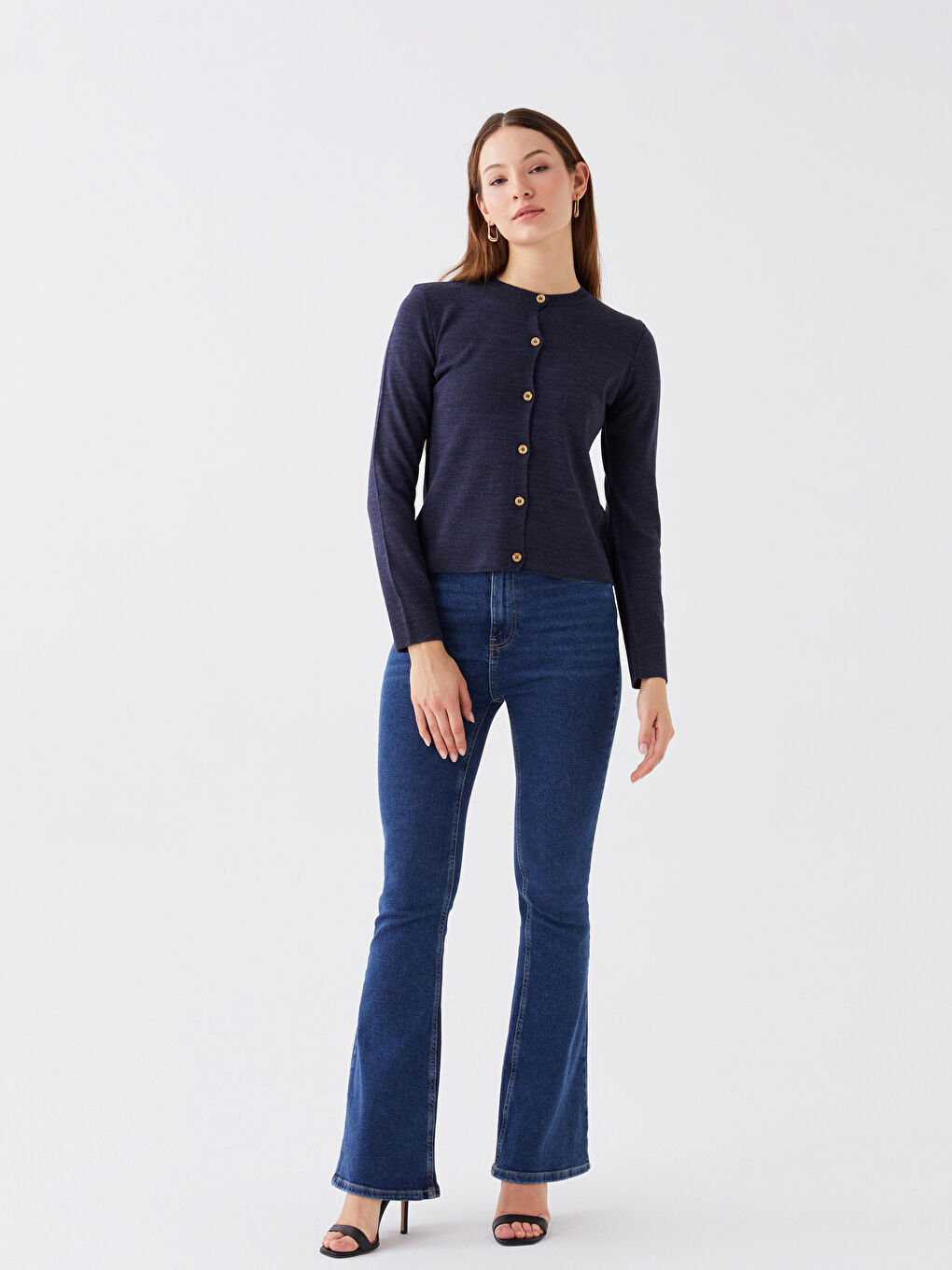 Lacivert Bisiklet Yaka Düz Uzun Kollu Kadın Triko Hırka-1