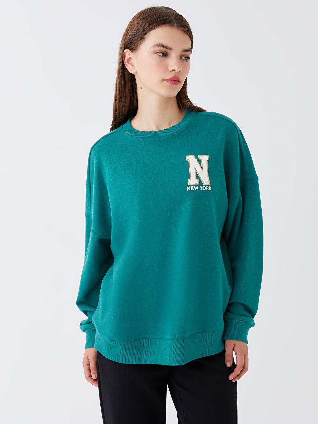 Yeşil Bisiklet Yaka Baskılı Uzun Kollu Oversize Kadın Sweatshirt-1