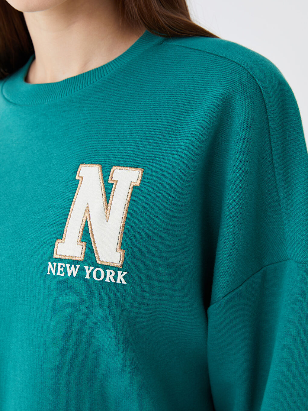 Yeşil Bisiklet Yaka Baskılı Uzun Kollu Oversize Kadın Sweatshirt-3