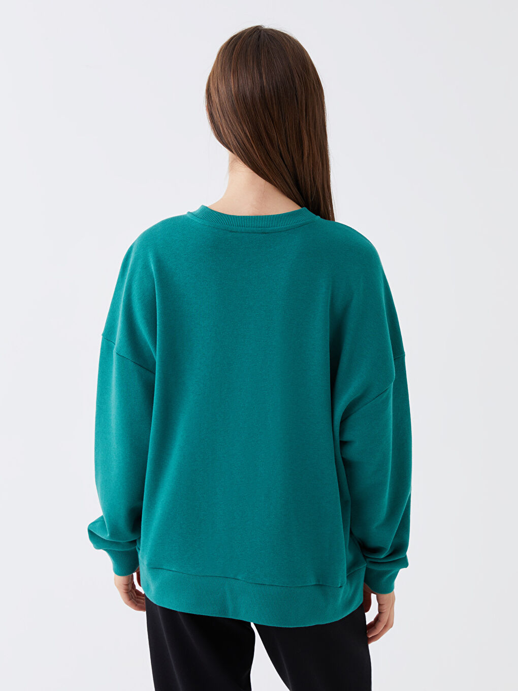 Yeşil Bisiklet Yaka Baskılı Uzun Kollu Oversize Kadın Sweatshirt-4