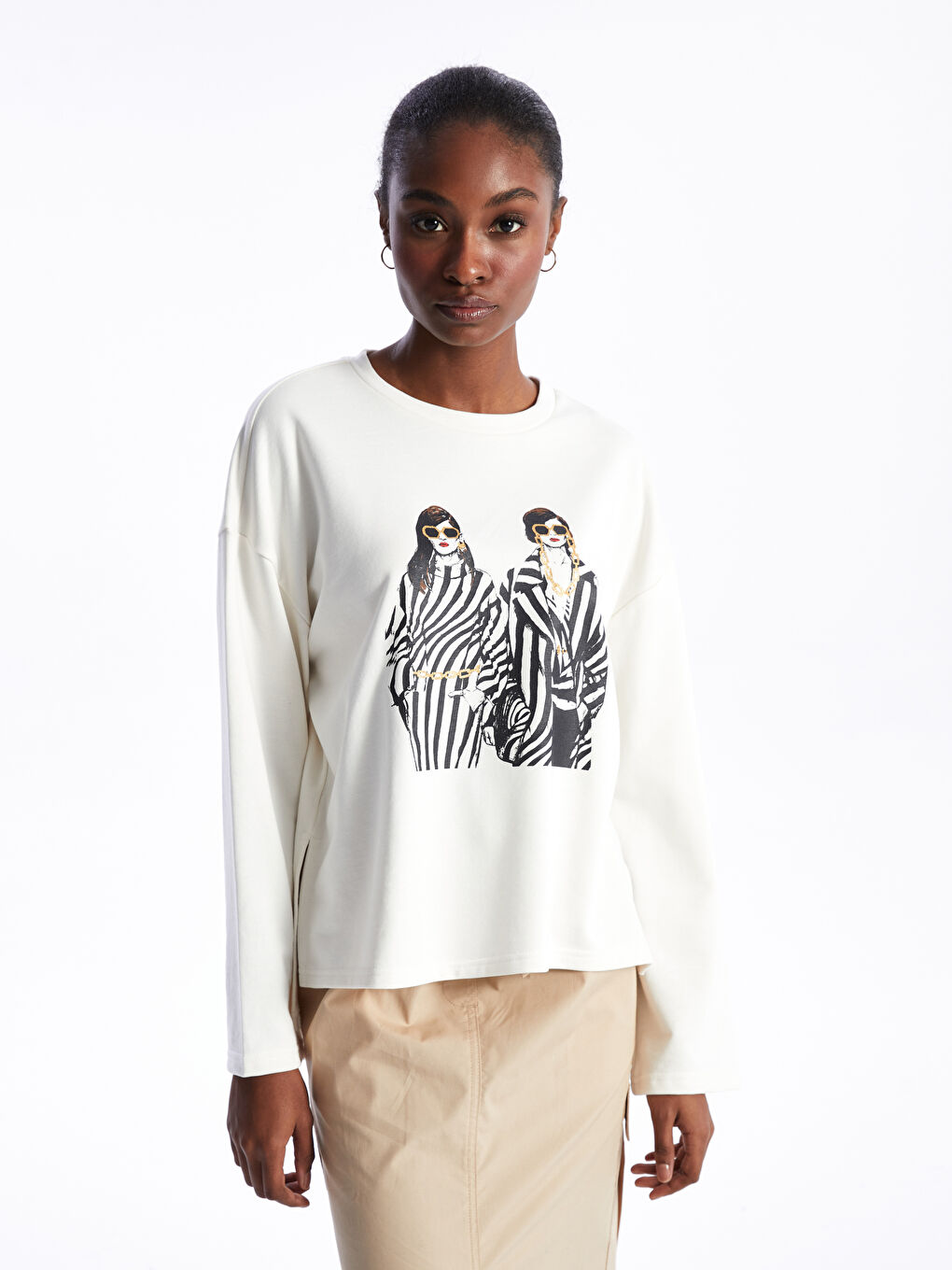 Crew Neck Printed Long Sleeve Oversize Women's Sweatshirt -W3CT38Z8-FDH