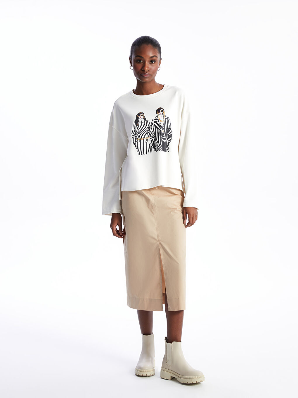 Crew Neck Printed Long Sleeve Oversize Women's Sweatshirt -W3CT38Z8-FDH