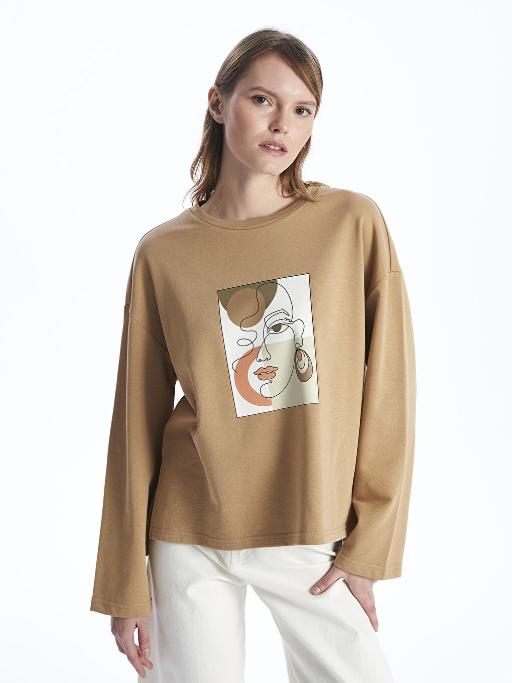 Crew Neck Printed Long Sleeve Oversize Women's Sweatshirt