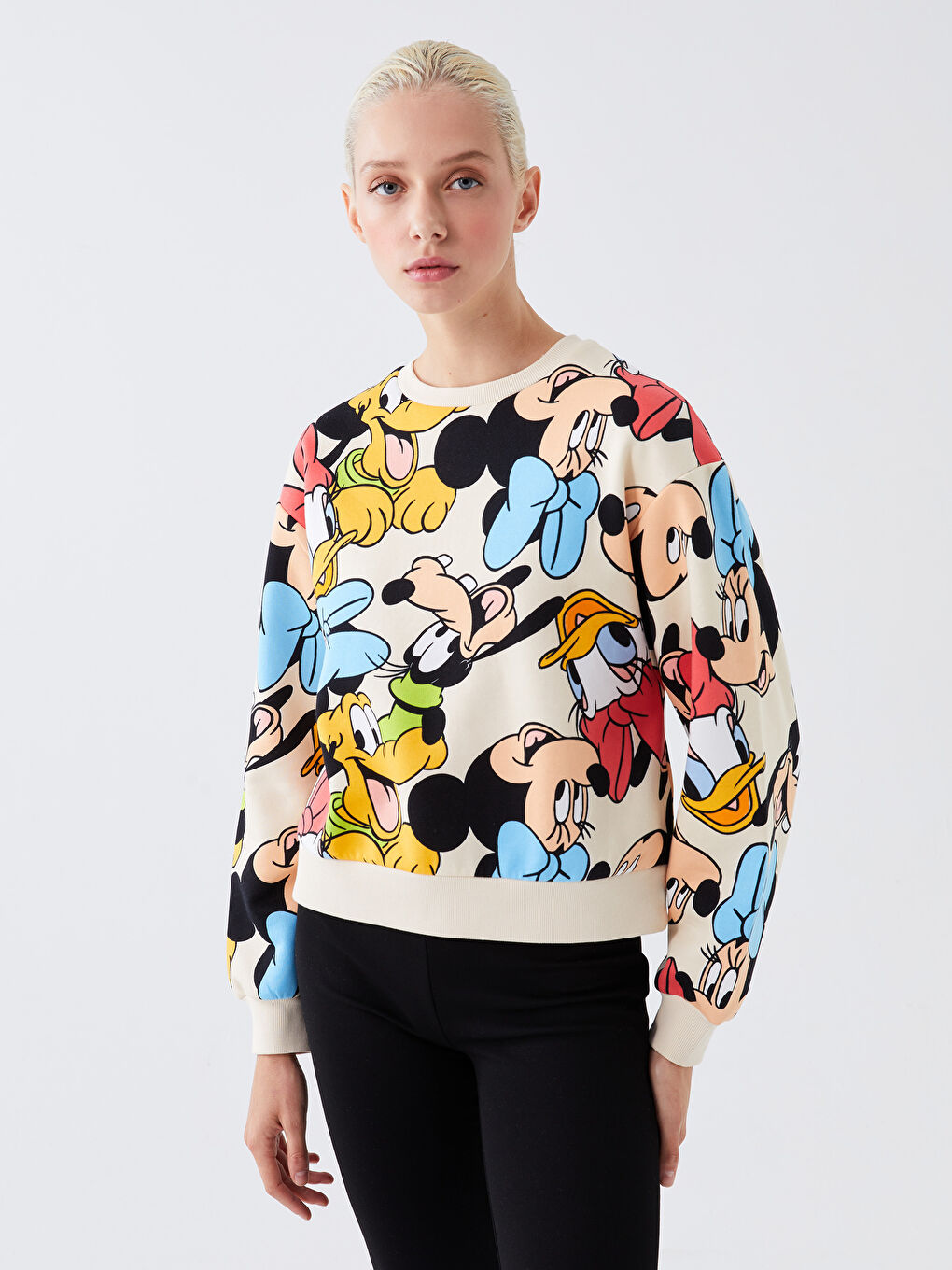 XSIDE Ekru Bisiklet Yaka Mickey ve Arkadaşları Baskılı Kadın Kalın Sweatshirt