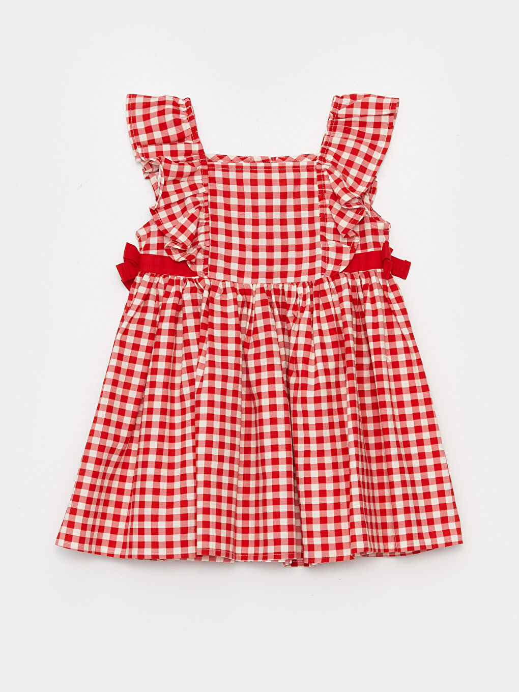 Kırmızı Askılı Kare Yaka Baskılı Kız Bebek Elbise