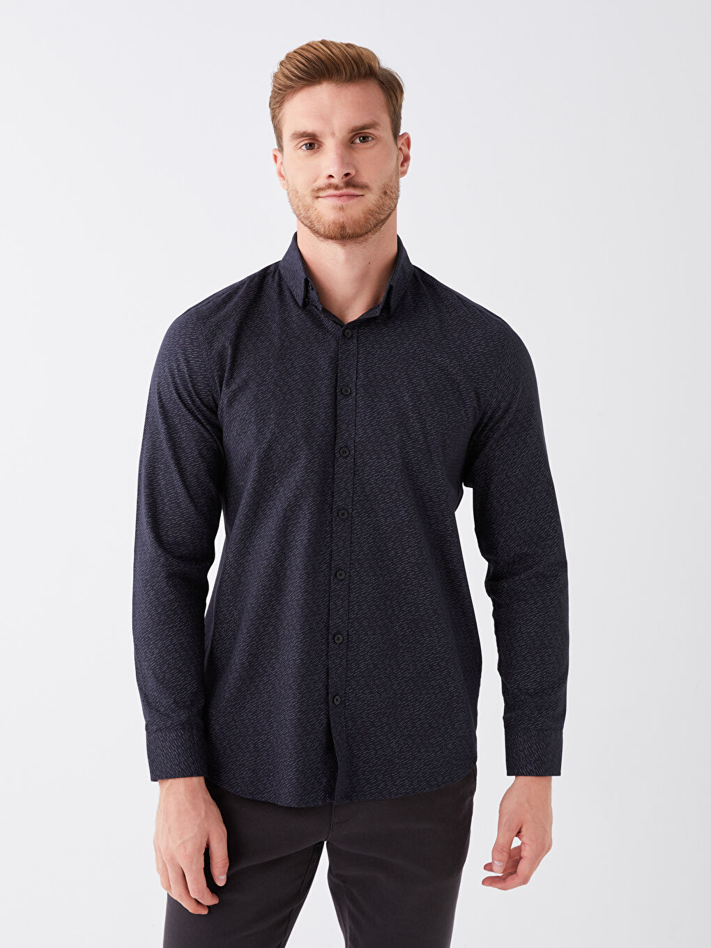 Рубашка Мужская Слим Фит С Длинным Рукавом Узорчатая Твиловая