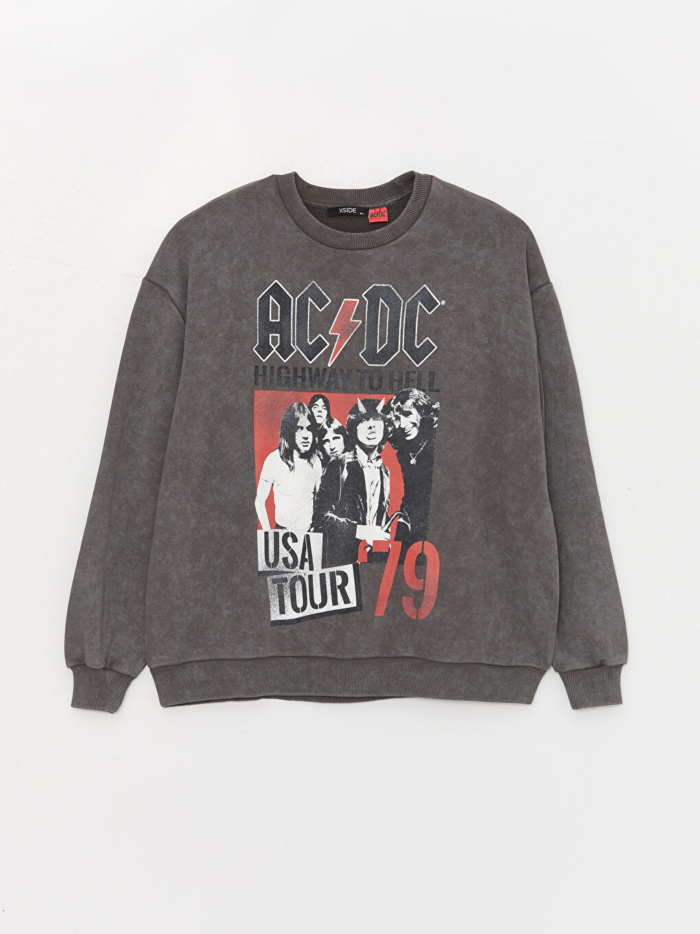 XSIDE Antrasit Bisiklet Yaka AC/DC Baskılı Oversize Kadın Kalın Sweatshirt - 5