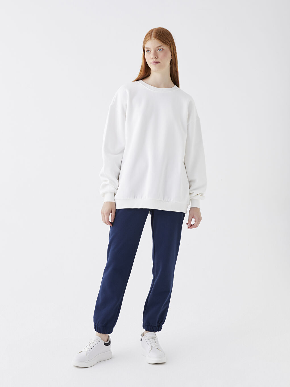 XSIDE Ekru Bisiklet Yaka Oversize Kadın Sweatshirt - 1