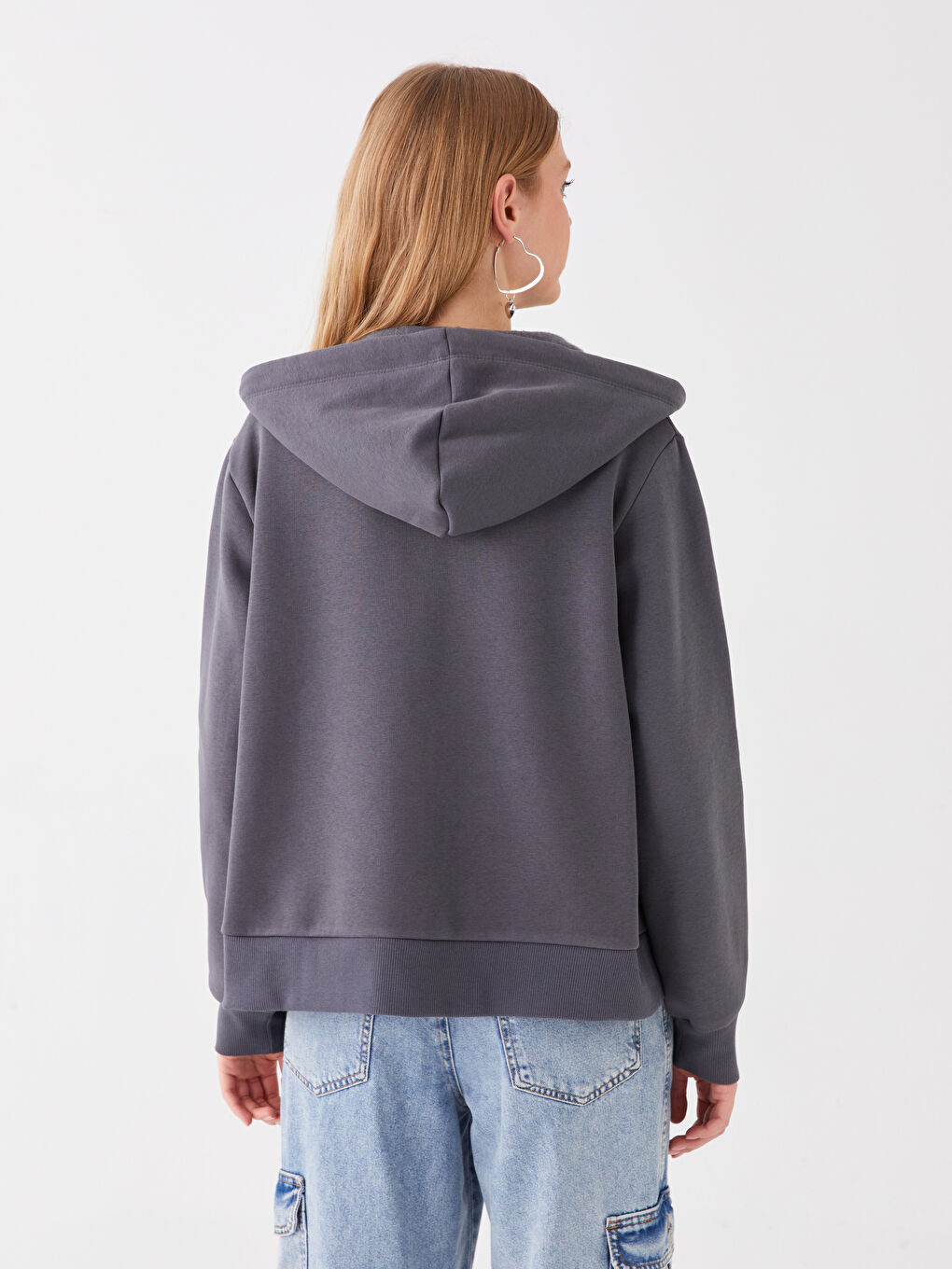 LCW Vision Antrasit Kapüşonlu Oversize Kadın Kalın Fermuarlı Sweatshirt - 4