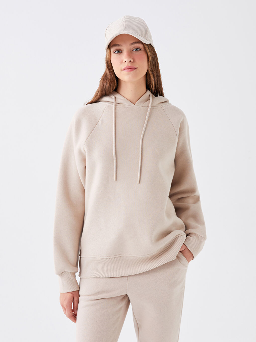 LCW Vision Gri Düz Oversize Kadın Kalın Hoodie - 1