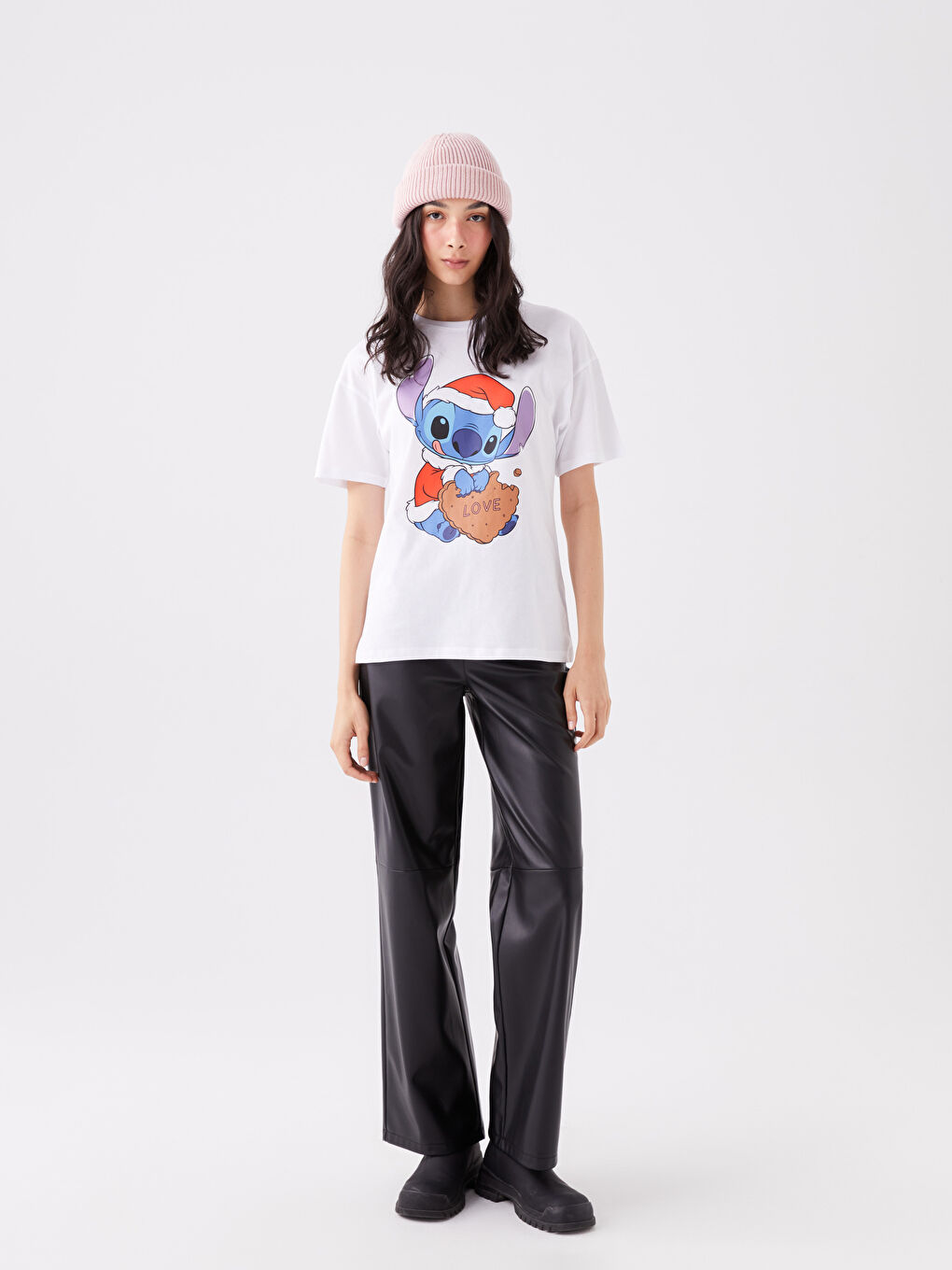 Beyaz Bisiklet Yaka Lilo ve Stitch Baskılı Kısa Kollu Kadın Tişört-2