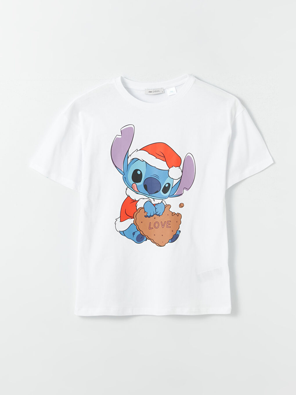 Beyaz Bisiklet Yaka Lilo ve Stitch Baskılı Kısa Kollu Kadın Tişört-5