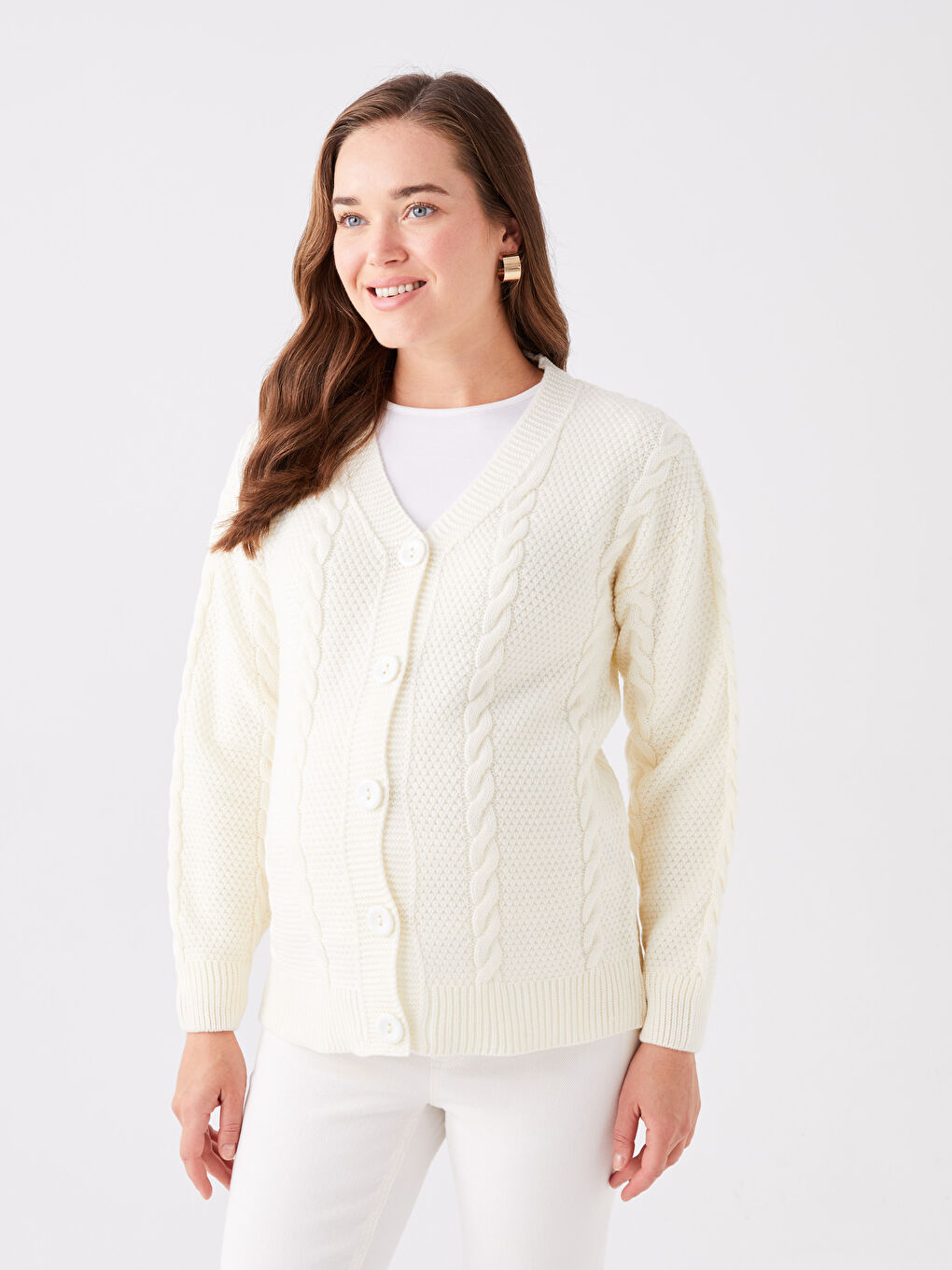 LCWAIKIKI Maternity كارديجان حوامل تريكو بكم طويل و ياقة على شكل حرف V ونقشة ذاتية -W3CV76Z8-R9J