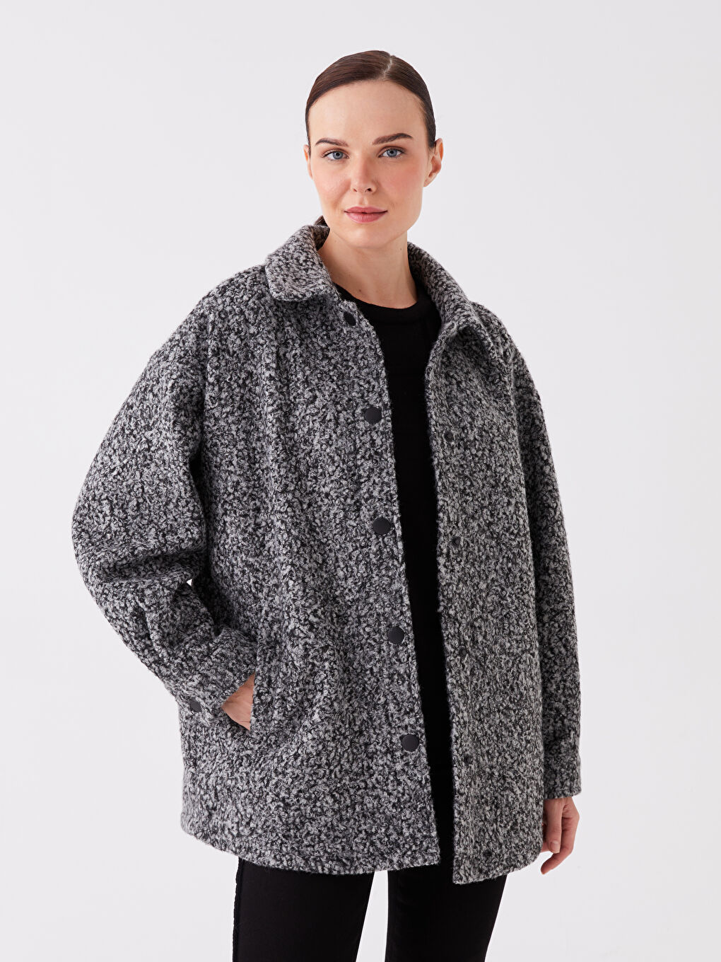 Antrasit Kadın Gömlek Yaka Düz Teddy Kaban