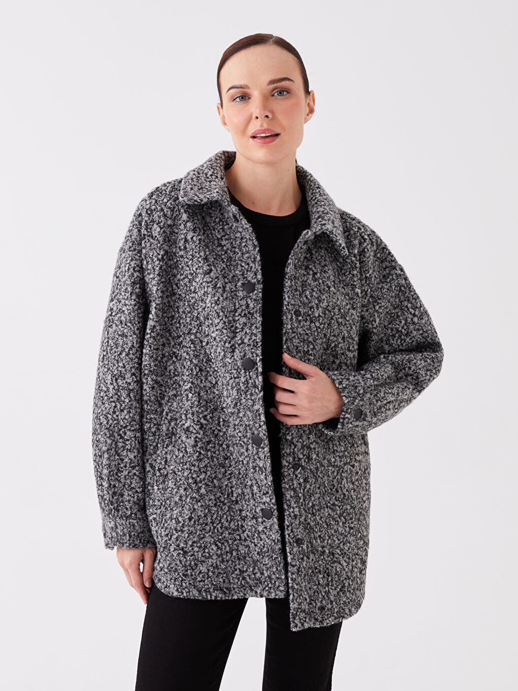 Antrasit Kadın Gömlek Yaka Düz Teddy Kaban-1