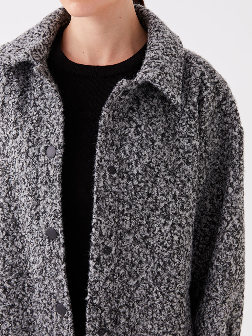 Antrasit Kadın Gömlek Yaka Düz Teddy Kaban-3