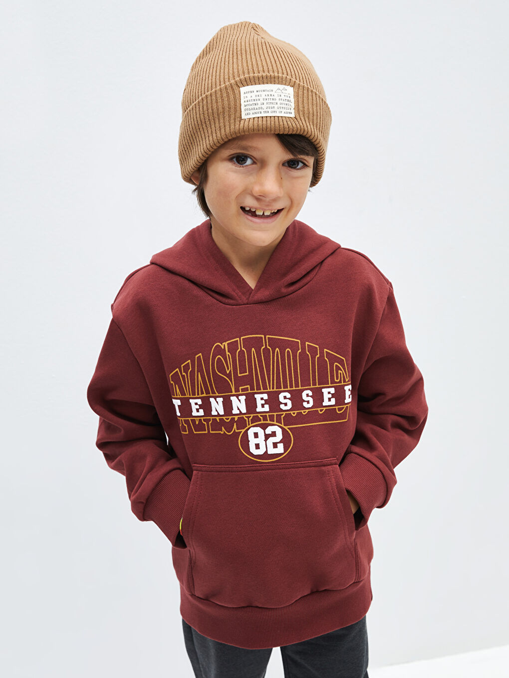 LCW Kids Bordo Baskılı Uzun Kollu Erkek Çocuk Hoodie