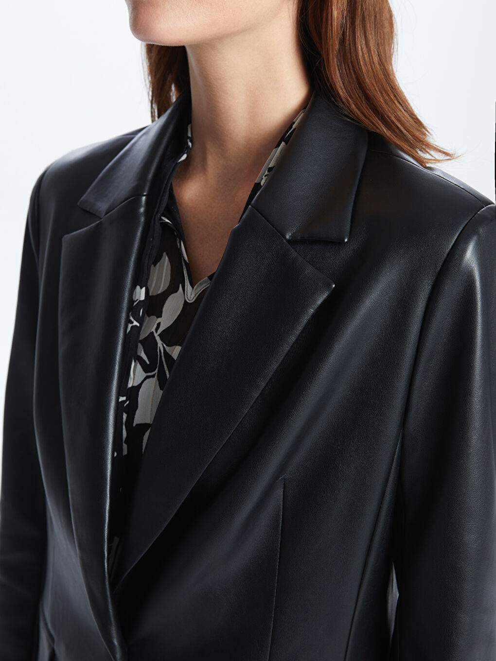 Plain Long Sleeve Faux Leather Women's Blazer Jacket-2