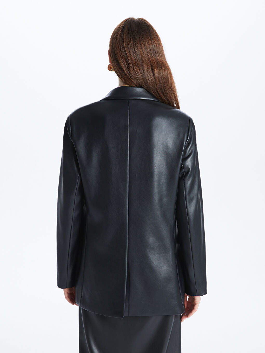 Plain Long Sleeve Faux Leather Women's Blazer Jacket-3