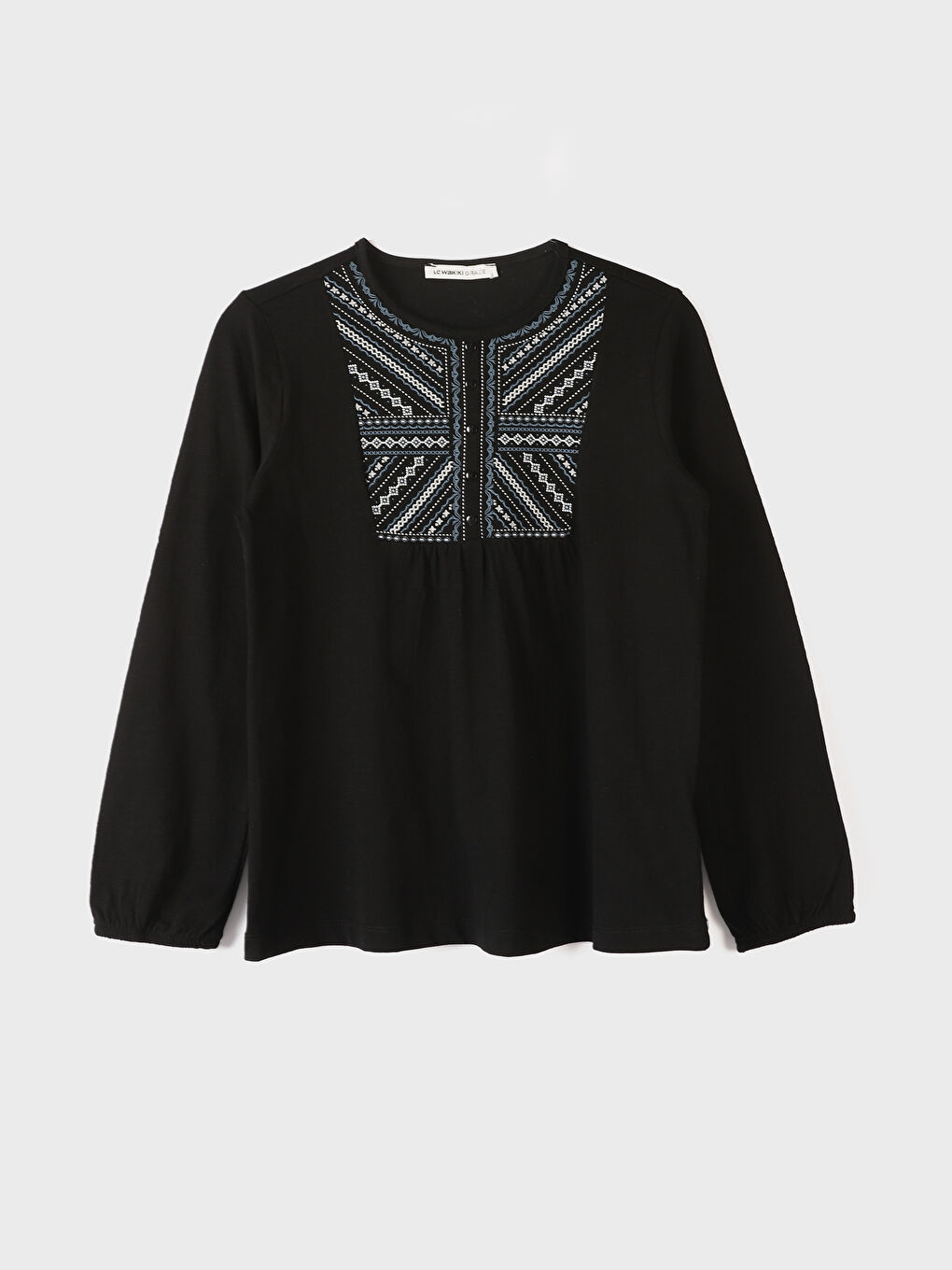 Crew Neck Embroidered Long Sleeve Women's Blouse