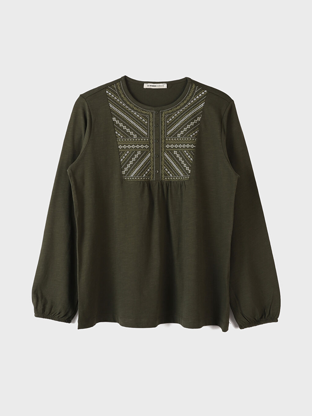 Crew Neck Embroidered Long Sleeve Women's Blouse