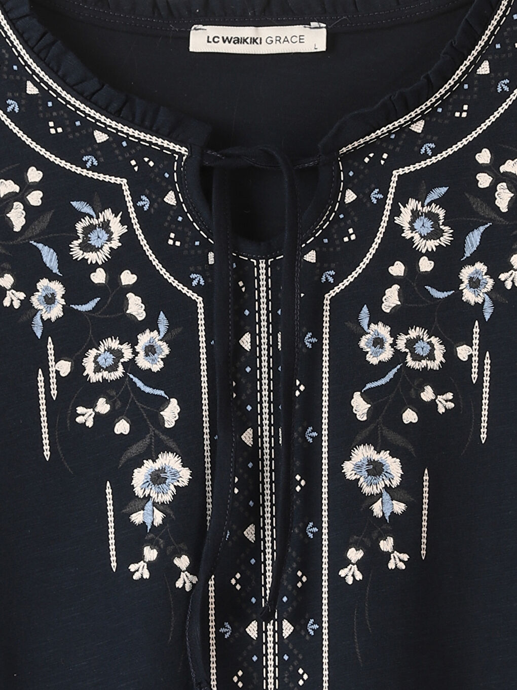 Tie Collar Embroidered Long Sleeve Viscose Women's Blouse-1