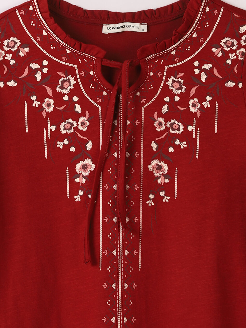 Tie Collar Embroidered Long Sleeve Viscose Women's Blouse-2