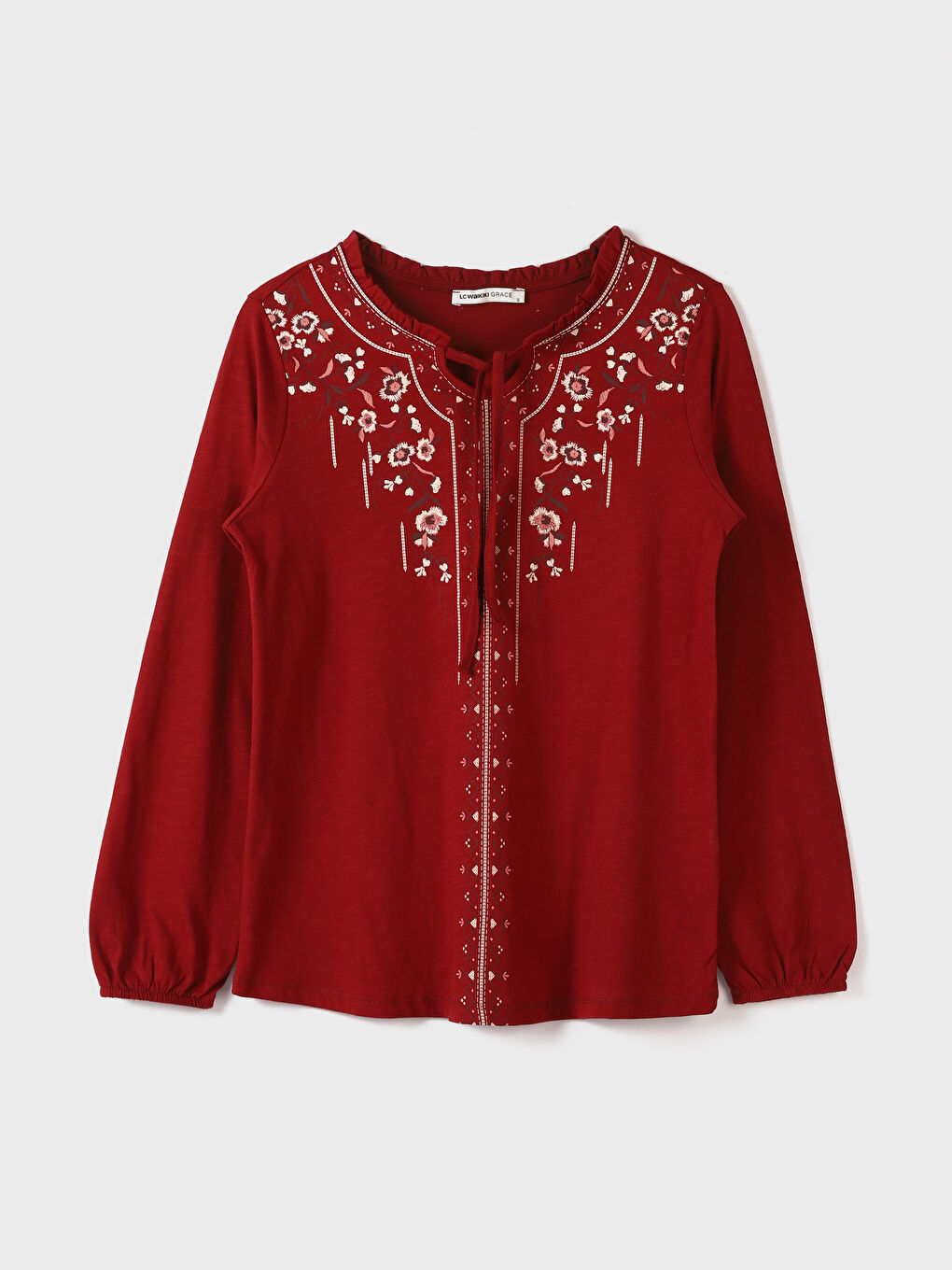 Tie Collar Embroidered Long Sleeve Viscose Women's Blouse