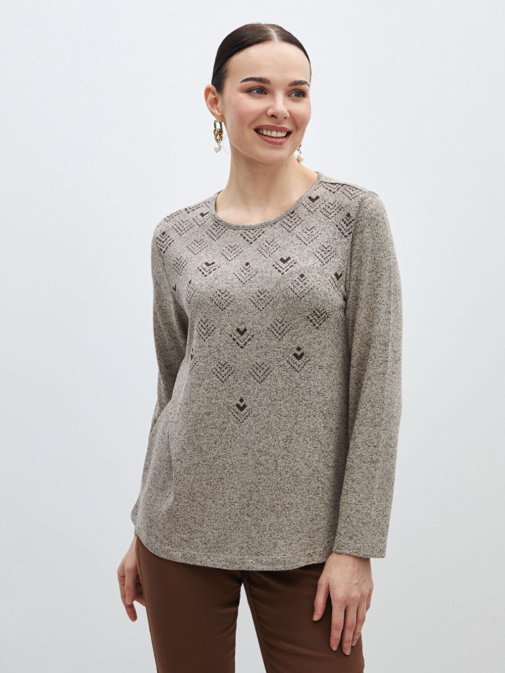 Crew Neck Printed Long Sleeve Women's Blouse