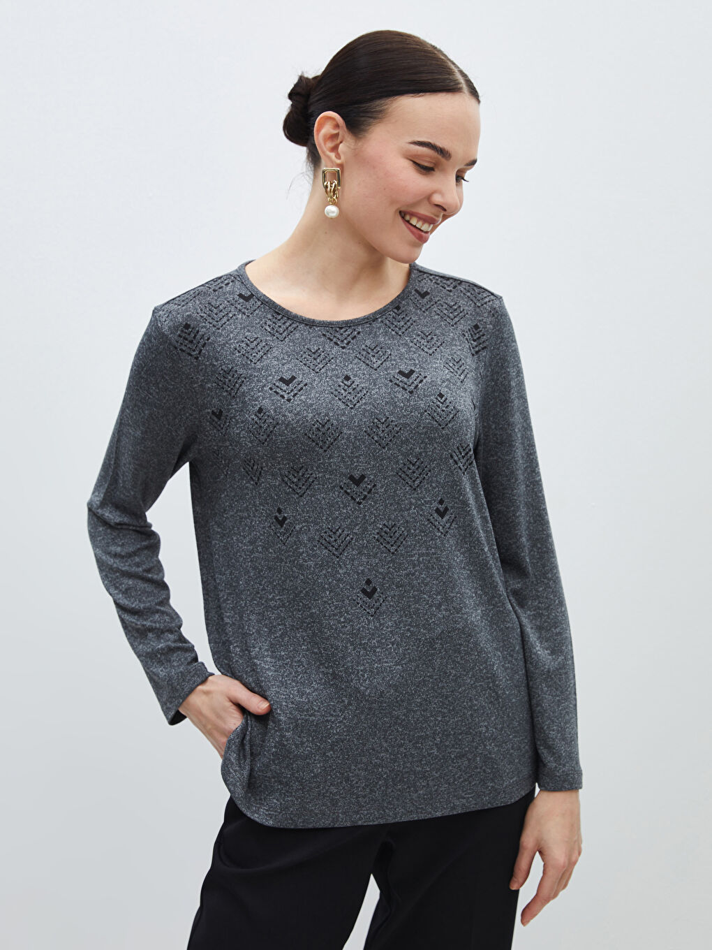 Blouse à Manches Longues Imprimée à Col Rond pour Femmes
